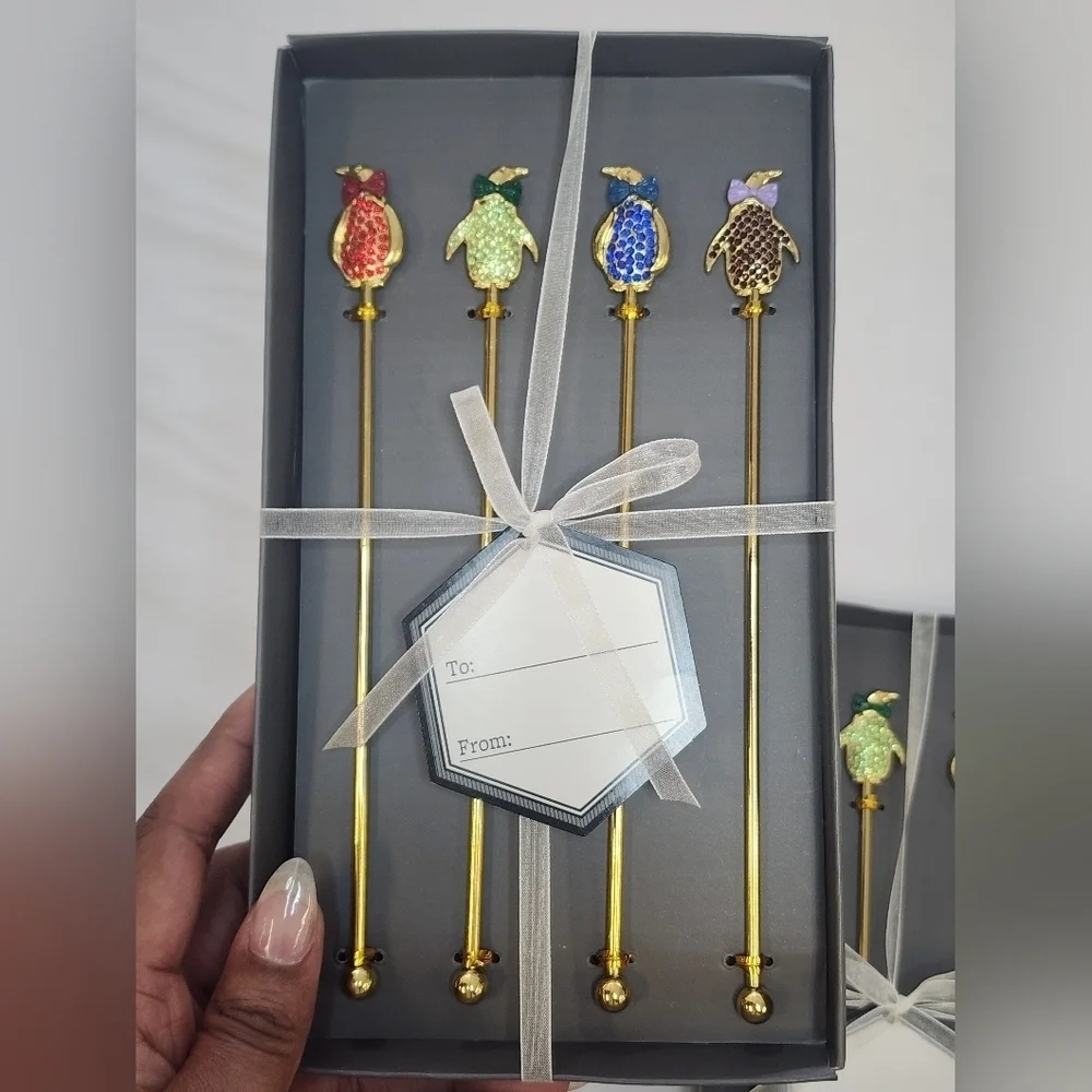 Thirstystone Colorful Penguins Gold Plated  Metal Stir Sticks (price per set)